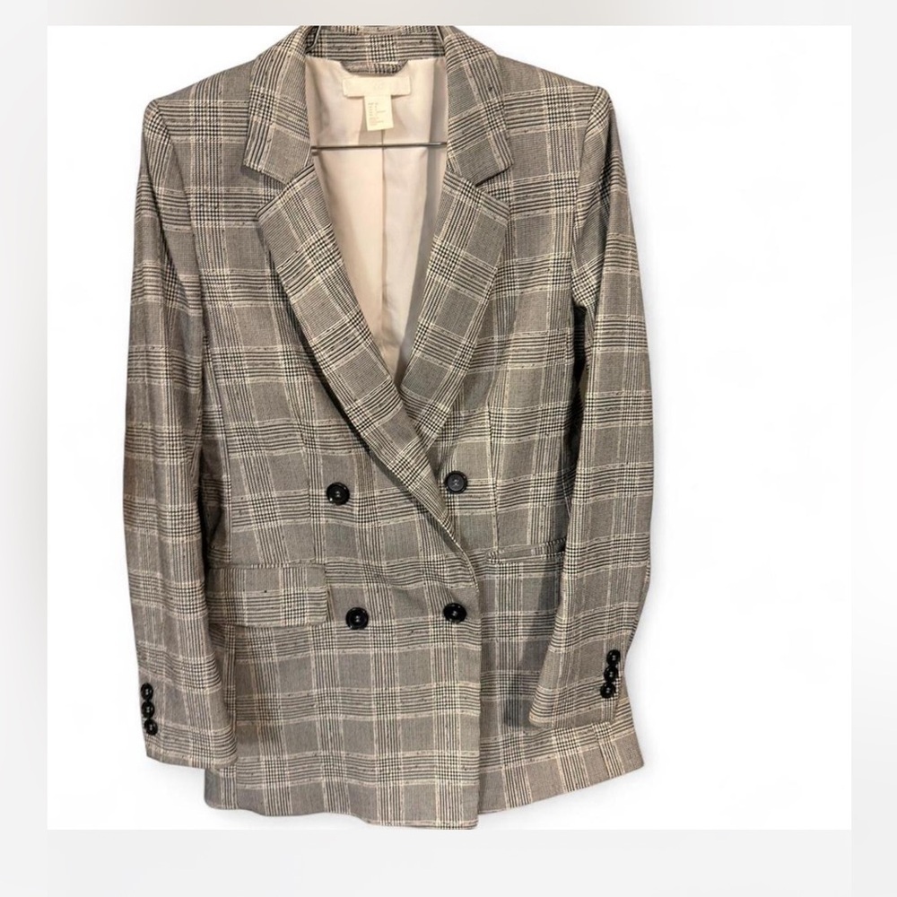 H&M Gray Plaid Double-Breasted Blazer
